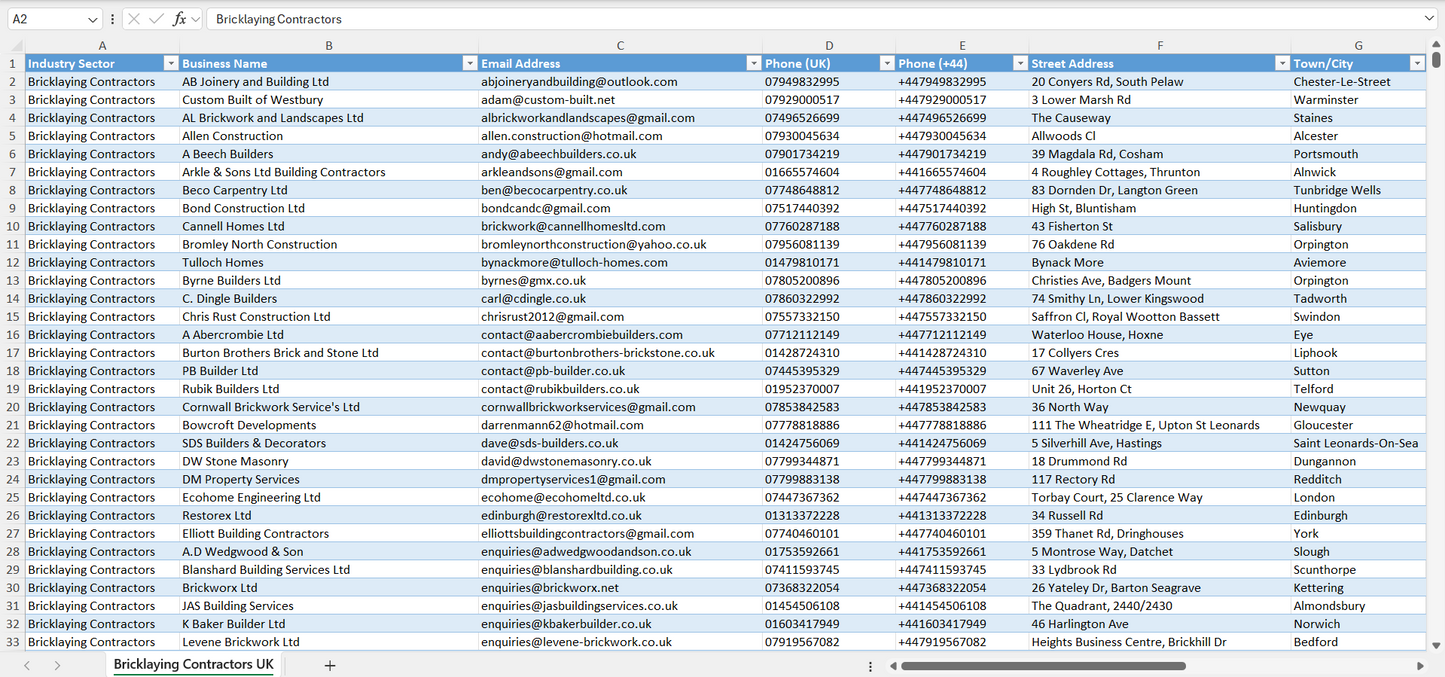 Contact data of all bricklaying contractors in the UK