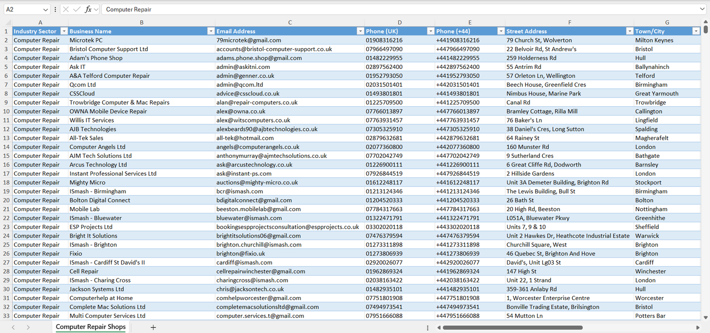 Contact data of all computer repair shops in the UK
