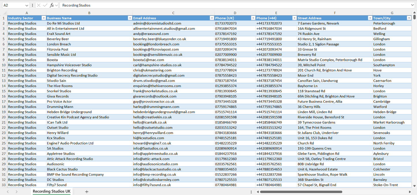 Contact data of all recording studios in the UK