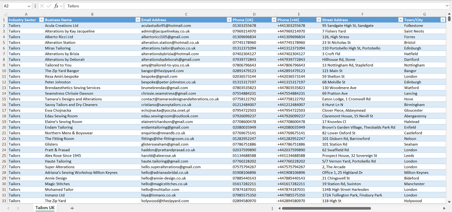 Contact data of all tailors in the UK