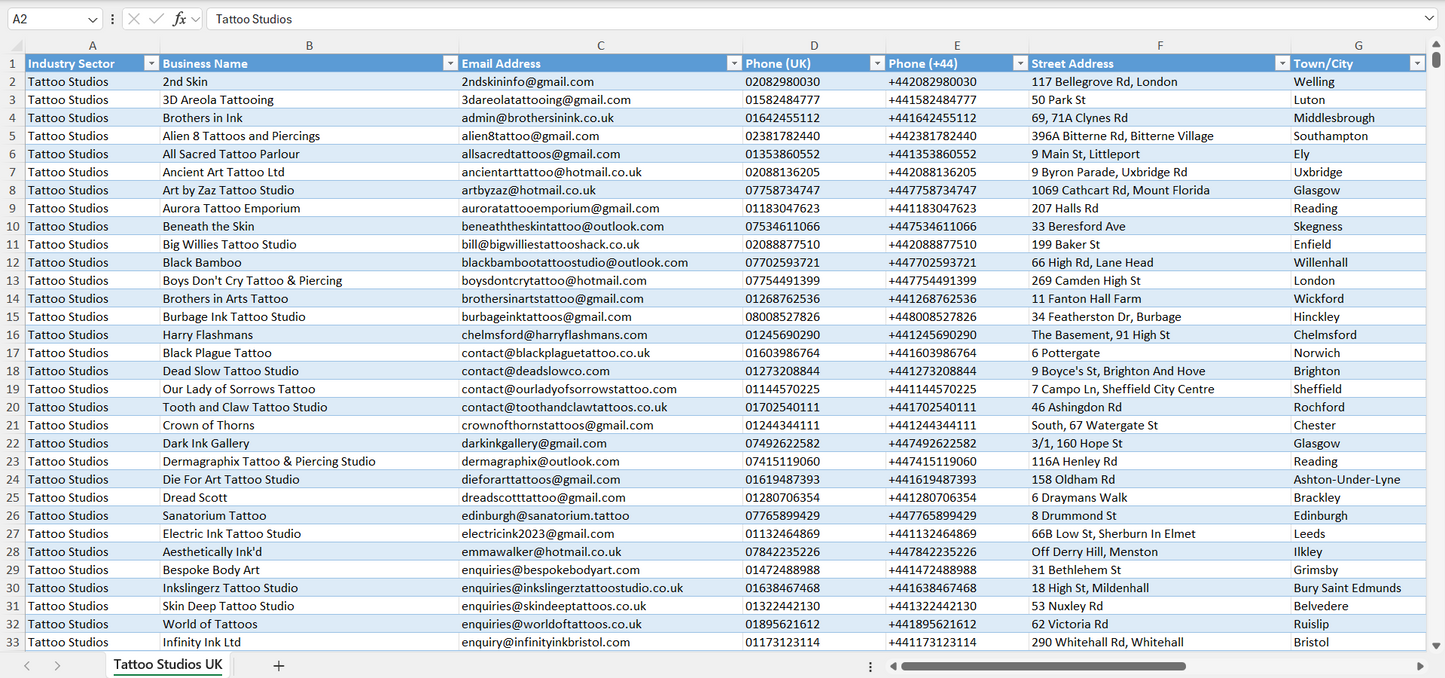 Contact data of all tattoo studios in the UK