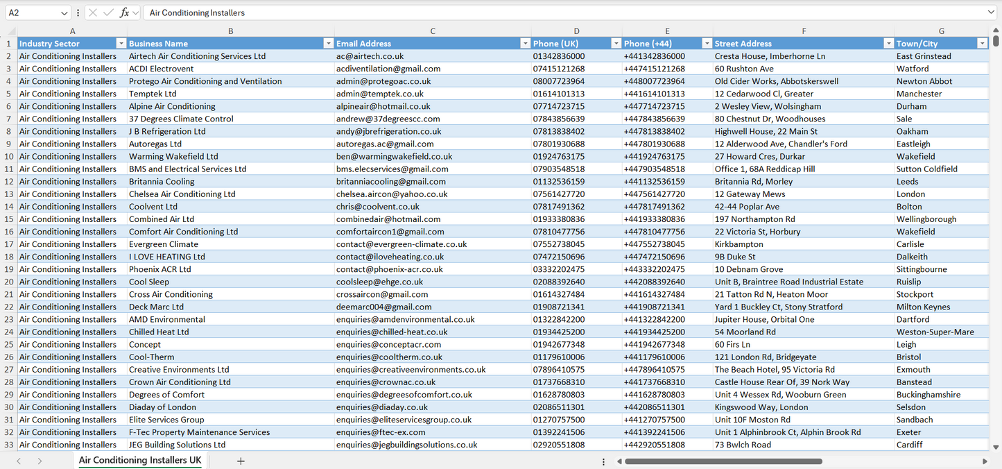Contact data of all air conditioning installers in the UK