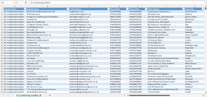 Contact data of all air conditioning installers in the UK