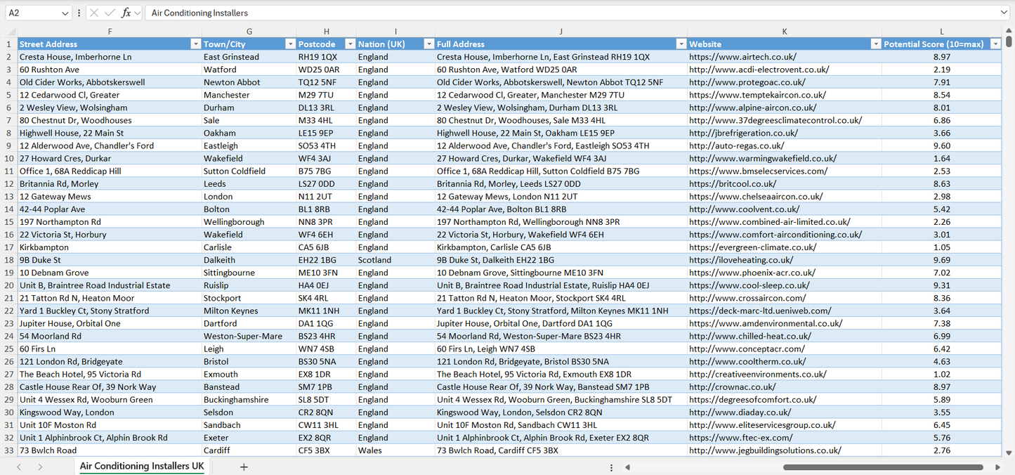 Contact data of all air conditioning installers in the UK