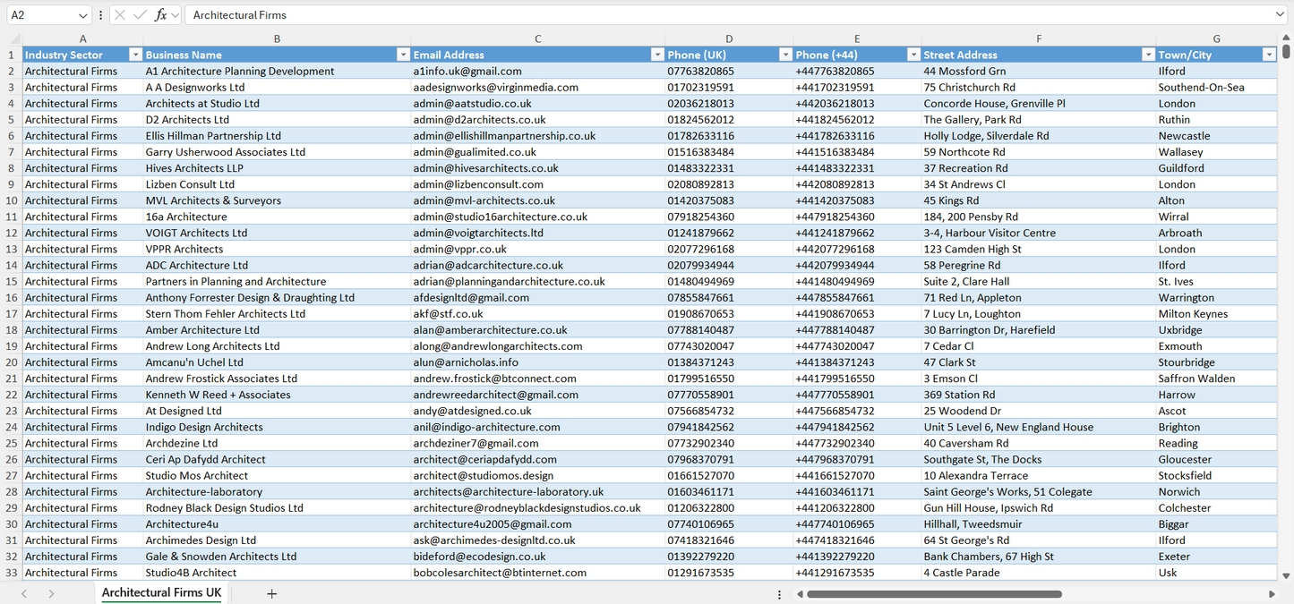 Contact data of all architectural firms in the UK