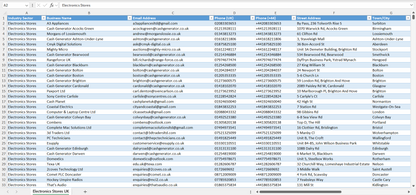 Contact data of all electronics stores in the UK