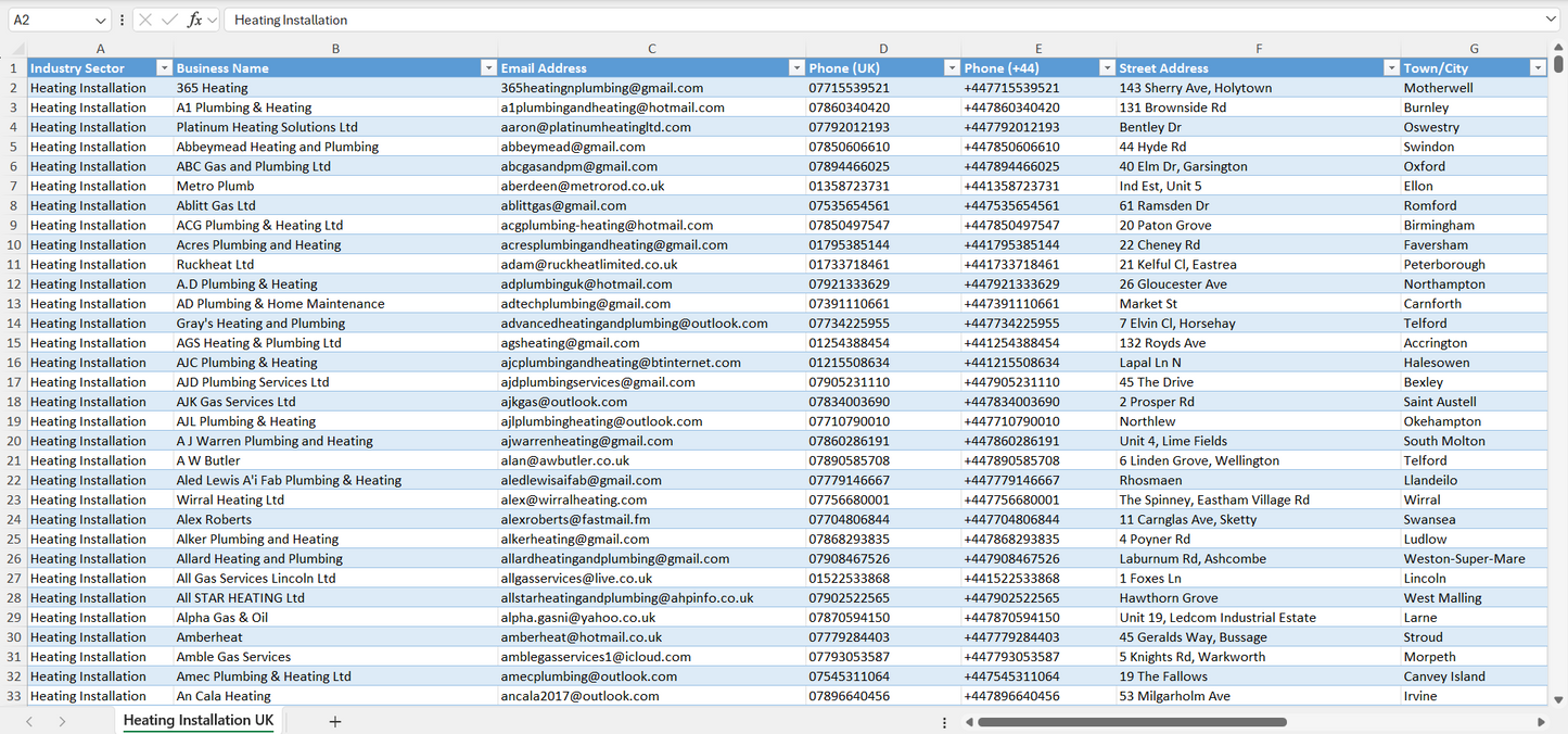 Contact data of all heating installation companies in the UK
