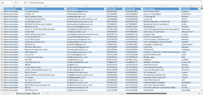 Contact data of all motorcycle repair shops in the UK