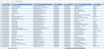 Contact data of all recording studios in the UK